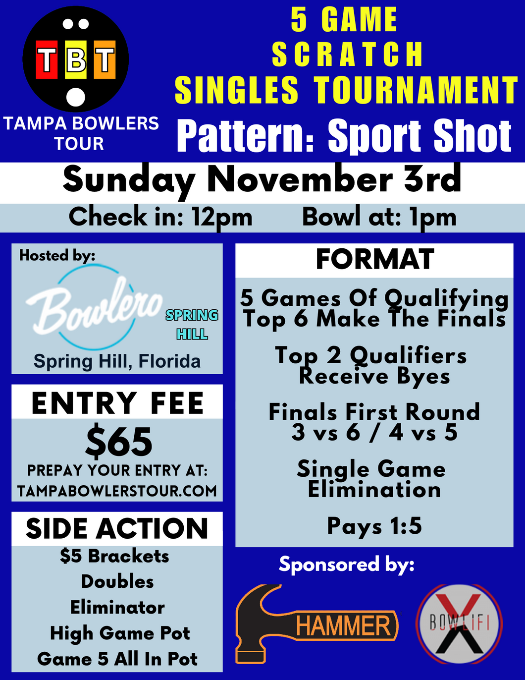 November 3rd - Bowlero Spring Hill - 5 Game Scratch Singles