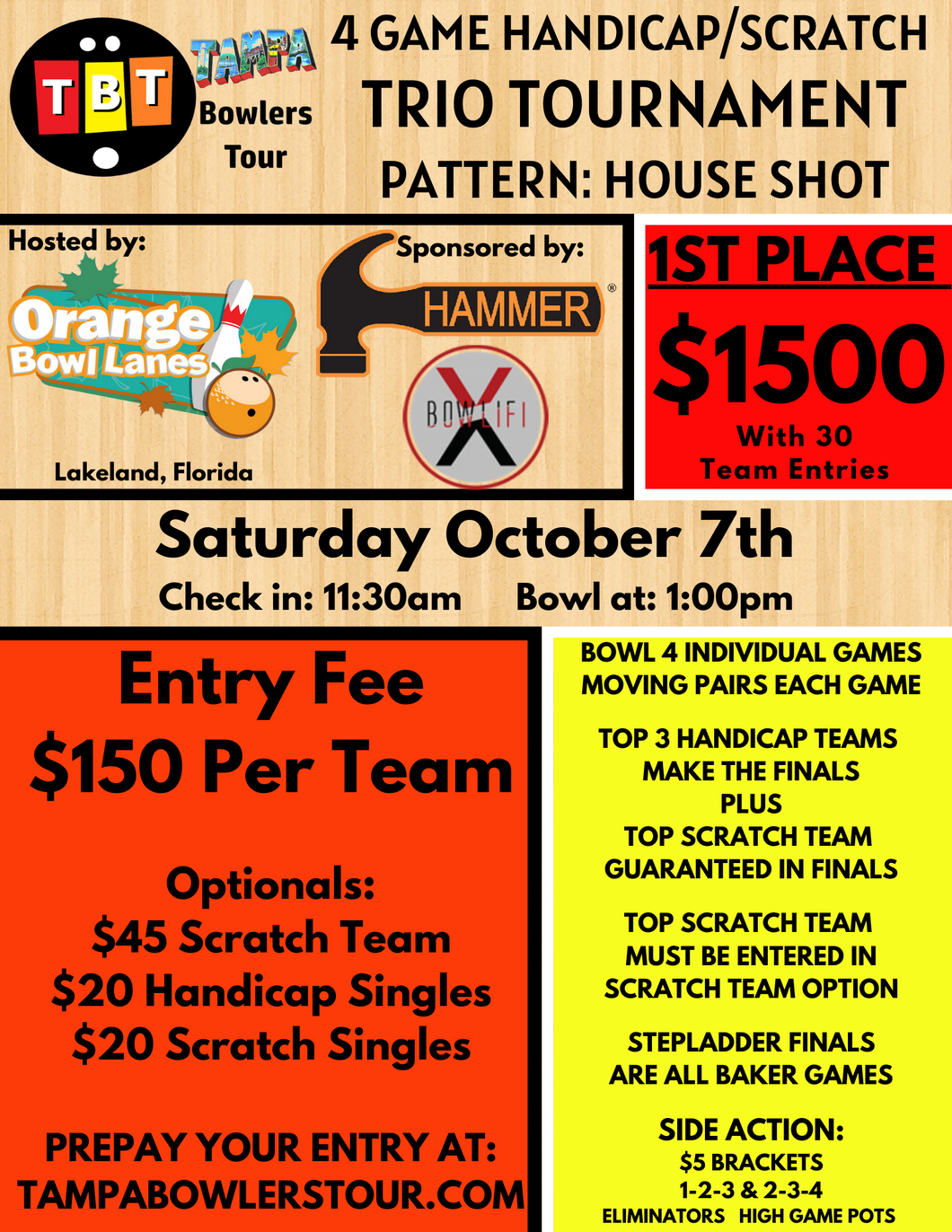 October 7th - Orange Bowl Lakeland - 4 Game Handicap/Scratch Trios Tournament