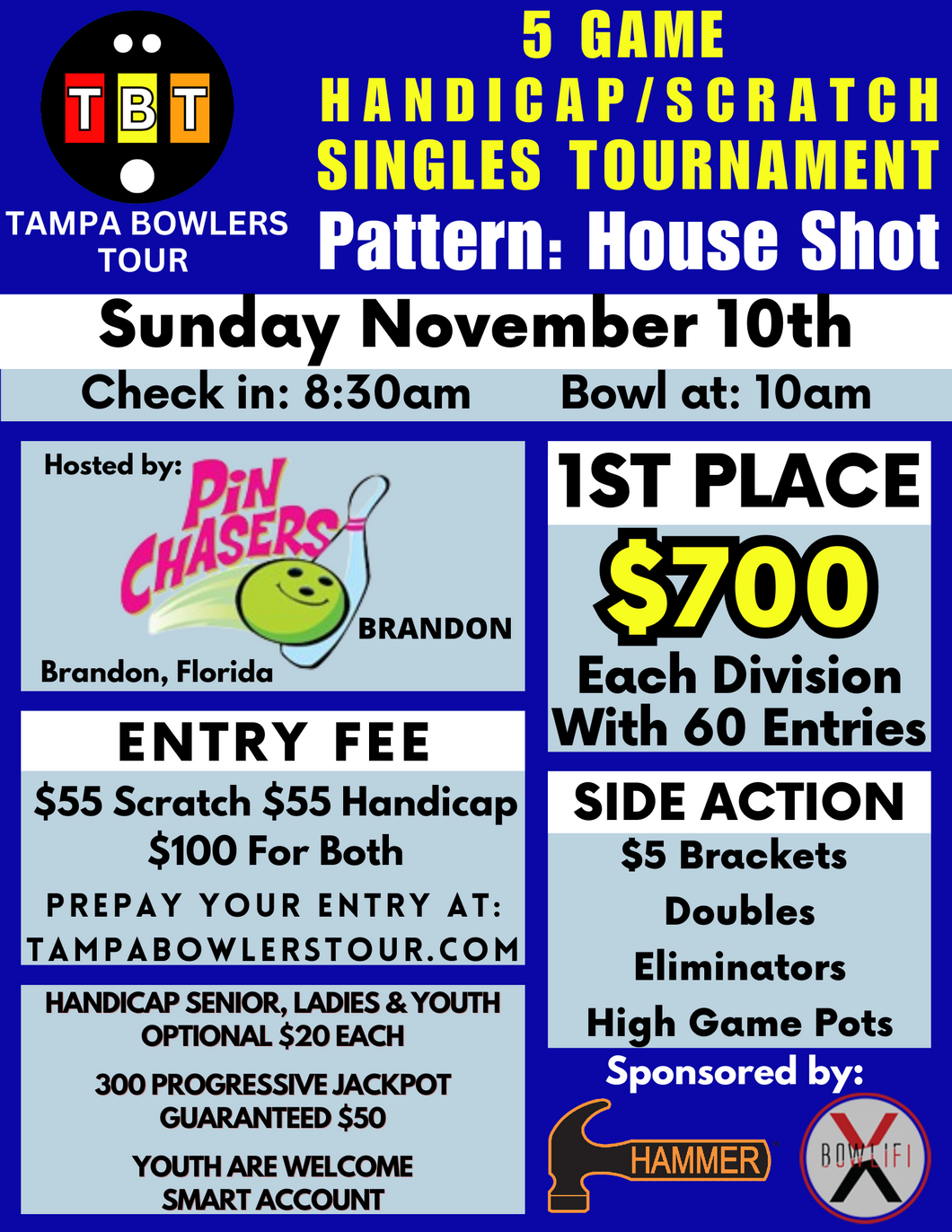 November 10th - Pin Chasers Brandon - 5 Game Handicap/Scratch Singles