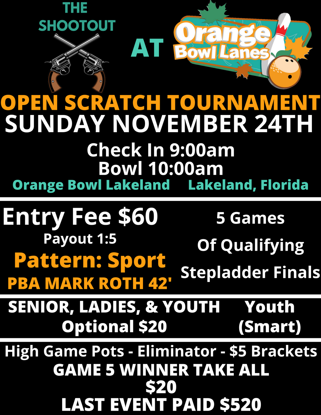 November 24th - Orange Bowl Lakeland - 5 Game Scratch Singles