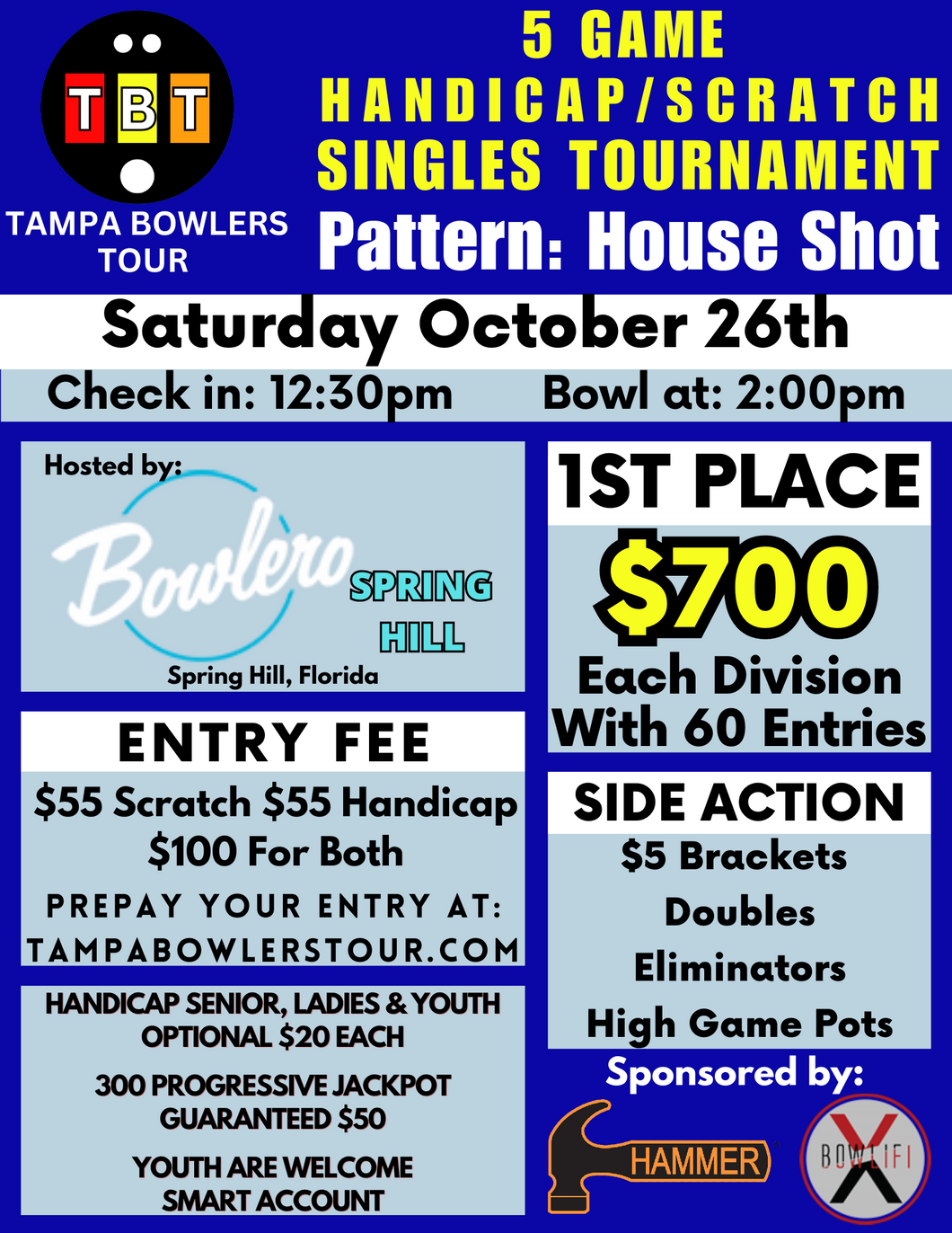 October 26th - Bowlero Spring Hill - 5 Game Handicap/Scratch Singles